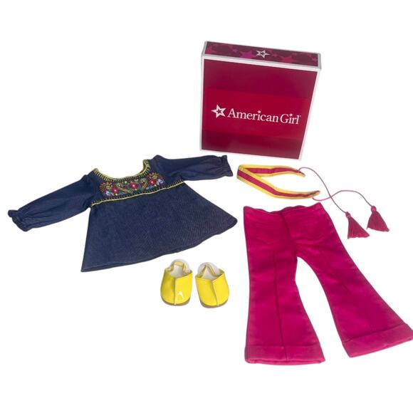 American Girl Julie Doll Tunic Outfit Denim Top Pants Clogs Belt Accessories Box - Picture 9 of 10